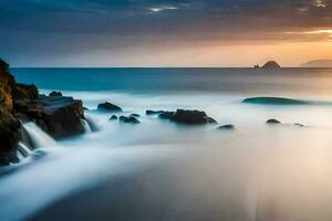 a long exposure photograph of waves crashing into the ocean. AI-Generated photo