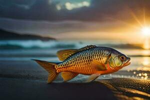 un pescado en el playa a puesta de sol. generado por ai foto