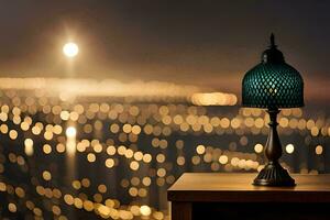 a lamp on a table in front of a cityscape. AI-Generated photo