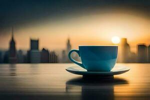 coffee cup on table with cityscape in background. AI-Generated photo