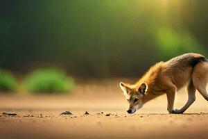 a red fox is walking on the ground. AI-Generated photo