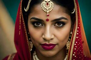 a beautiful indian woman wearing a red sari. AI-Generated photo