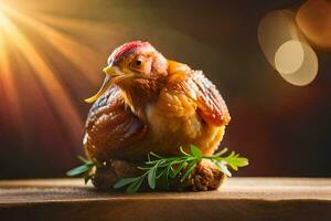 a chicken is sitting on top of a wooden table. AI-Generated photo