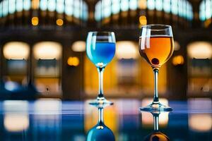 dos lentes de vino en un mesa en frente de un edificio. generado por ai foto