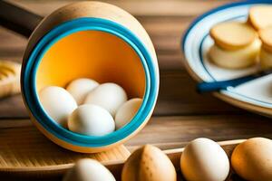eggs in a bowl on a table. AI-Generated photo