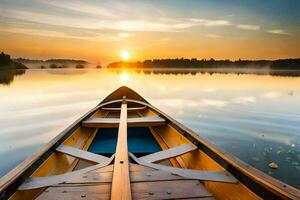 un canoa es en el agua a puesta de sol. generado por ai foto