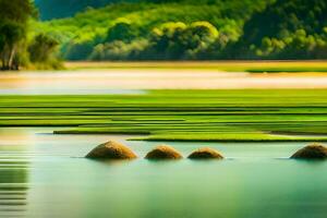 a group of rocks in the water near a green field. AI-Generated photo