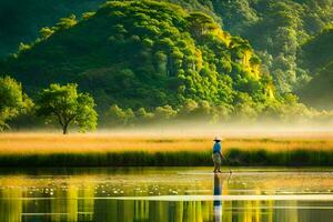 a man is standing on a paddle board in a lake. AI-Generated photo