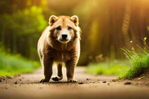 a dog walking on a dirt road in the forest. AI-Generated photo