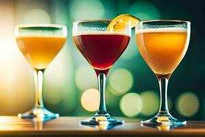three glasses of different drinks on a table. AI-Generated photo