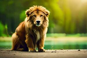 a lion sitting on the ground near a lake. AI-Generated photo