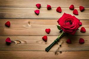 a single red rose on a wooden table with hearts. AI-Generated photo