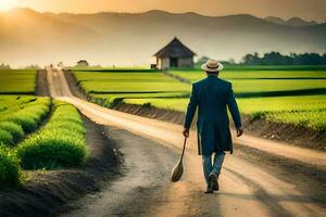 a man walking down a dirt road in a rice field. AI-Generated photo