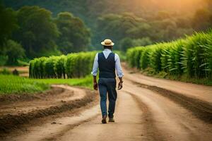 a man in a hat and vest walking down a dirt road. AI-Generated photo