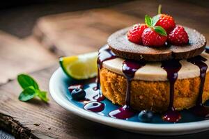 a cake with berries and chocolate drizzle on top. AI-Generated photo