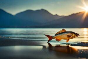 a fish is standing on the beach at sunset. AI-Generated photo