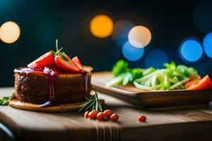 a cake with berries and vegetables on a wooden board. AI-Generated photo