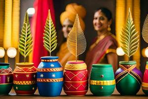a row of colorful vases with leaves on them. AI-Generated photo