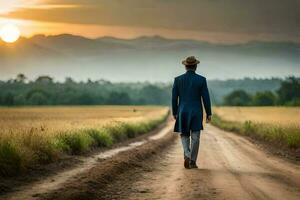 a man in a blue suit walks down a dirt road. AI-Generated photo