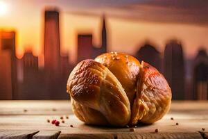 a bread bun with a cityscape in the background. AI-Generated photo