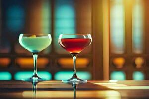 two glasses of cocktails on a table in front of a window. AI-Generated photo