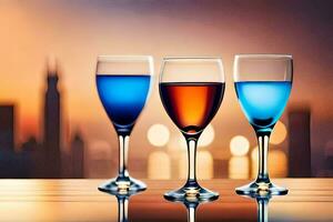 three glasses of wine on a table with city lights in the background. AI-Generated photo