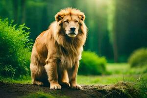 a lion sitting on the ground in the forest. AI-Generated photo