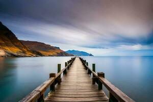 a long exposure photo of a pier in the ocean. AI-Generated