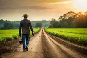 a man walking down a dirt road with a shovel. AI-Generated photo