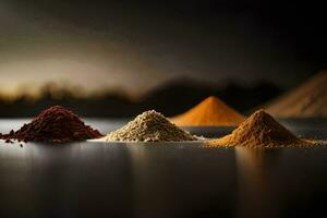 four different types of spices are shown in a row. AI-Generated photo