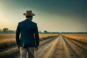 a man in a suit and hat walking down a dirt road. AI-Generated photo