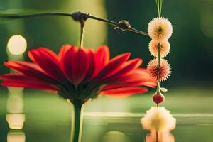 a red flower is sitting on a branch in the water. AI-Generated photo