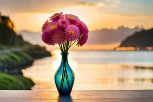 a vase with pink flowers sitting on a table in front of a lake. AI-Generated photo