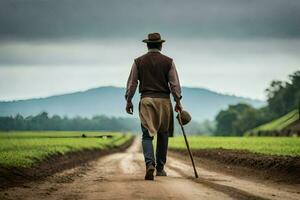 un hombre caminando abajo un suciedad la carretera con un caña. generado por ai foto