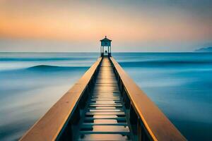 a long pier with a lighthouse in the distance. AI-Generated photo