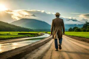 a man in a hat and coat walks down a dirt road. AI-Generated photo