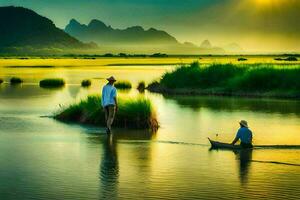 two men in a boat on a river with mountains in the background. AI-Generated photo