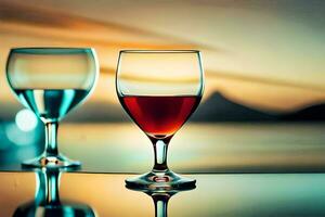 two wine glasses with red liquid sitting on a table. AI-Generated photo