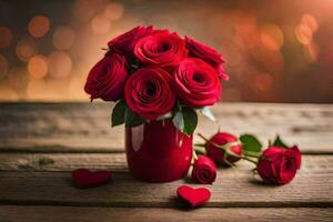 red roses in a vase on a wooden table. AI-Generated photo