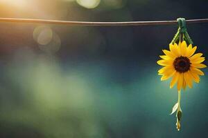 a single yellow sunflower hanging from a wire. AI-Generated photo