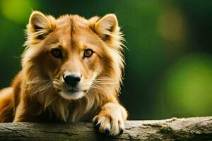 a lion is sitting on a log in the forest. AI-Generated photo