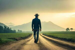 hombre caminando en un suciedad la carretera en el medio de un campo. generado por ai foto