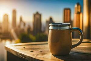 a coffee cup on a table in front of a city skyline. AI-Generated photo