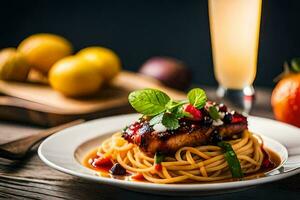 a plate of spaghetti with meat and vegetables on a wooden table. AI-Generated photo