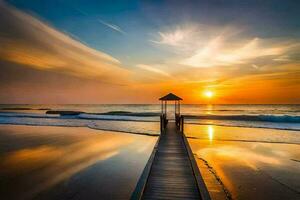 el Dom sube terminado el Oceano y muelle a puesta de sol. generado por ai foto