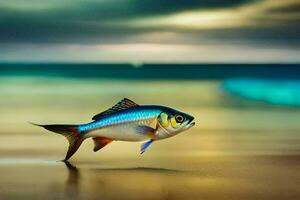 un pescado es caminando en el playa a puesta de sol. generado por ai foto