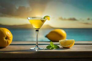 a cocktail with lemon and lime on a wooden table. AI-Generated photo