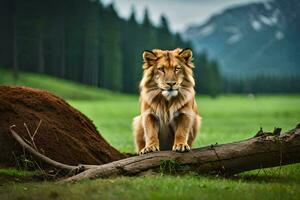 un león sentado en un Iniciar sesión en el medio de un campo. generado por ai foto