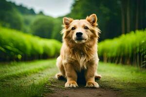 a golden retriever sitting on a dirt road in a field. AI-Generated photo