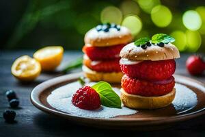 two strawberry sandwiches on a plate with lemon slices. AI-Generated photo